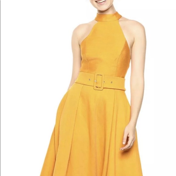 C/Meo Collective Mustard Yellow Confirmative Halter Dress Belted Hi Low Midi S - Picture 2 of 11